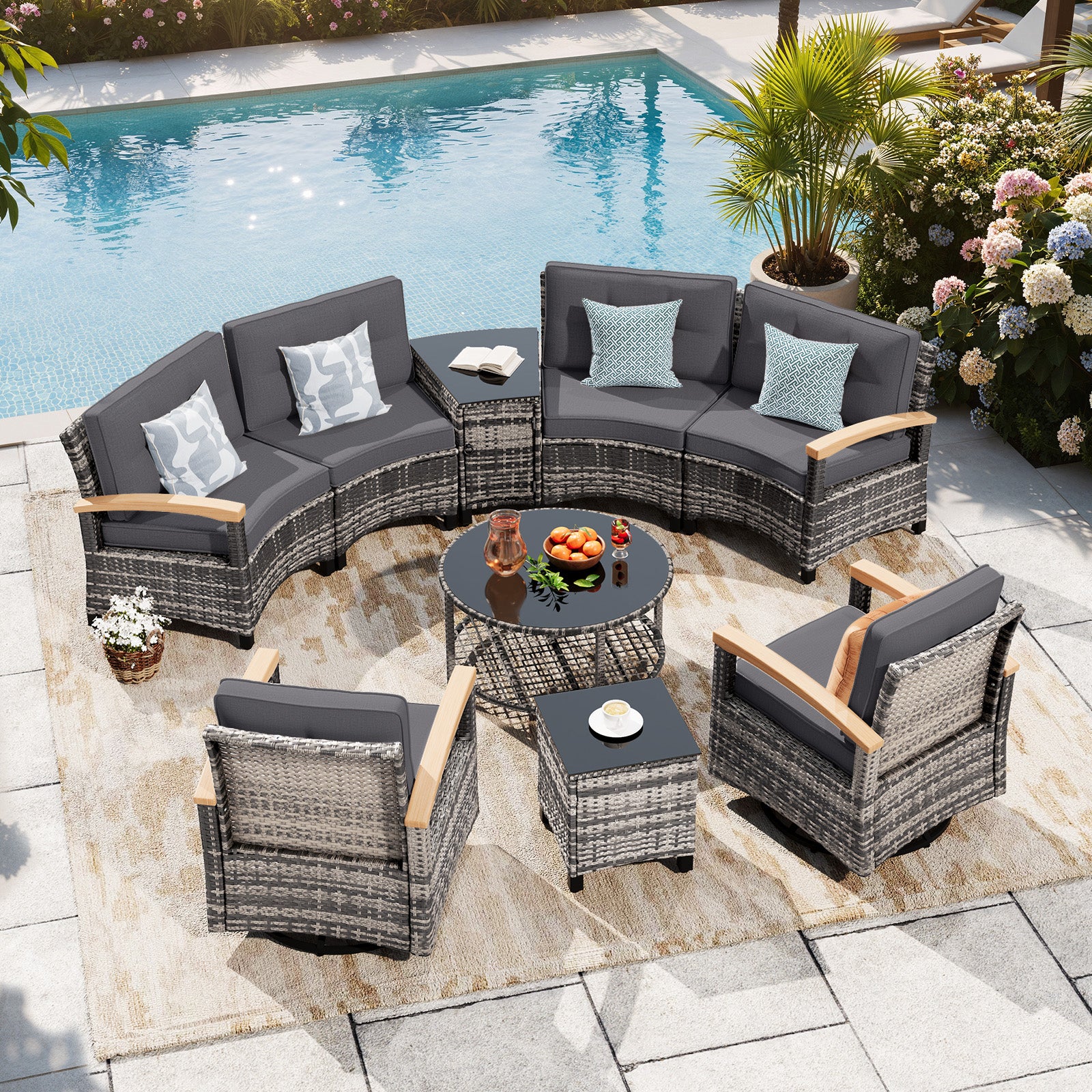 9 Piece Half-Moon Rattan Outdoor Patio Furniture Set (YK-6016-A2