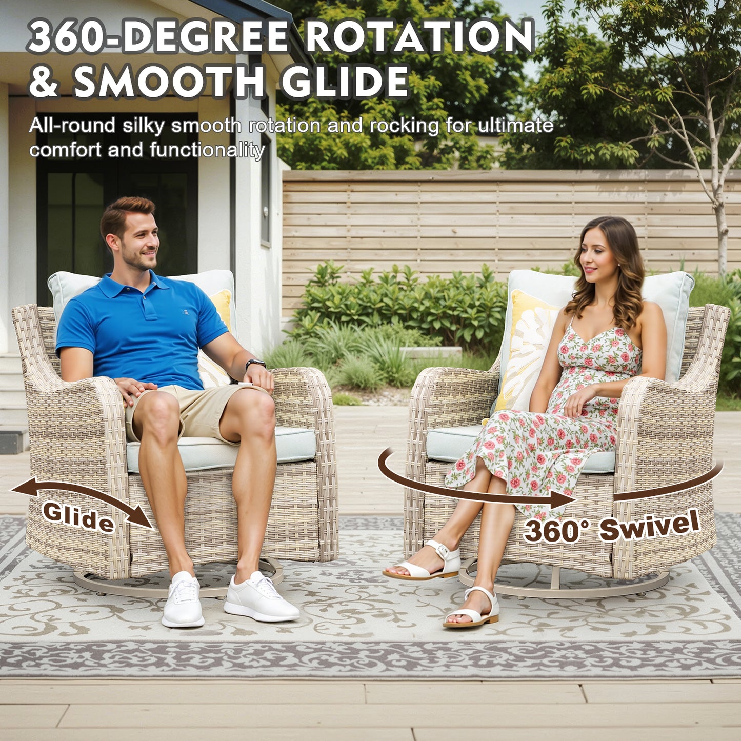 6 Piece Outdoor Rattan Patio Furniture Set, Swivel Rocker Chairs with Ottoman (YK-6013-B1)