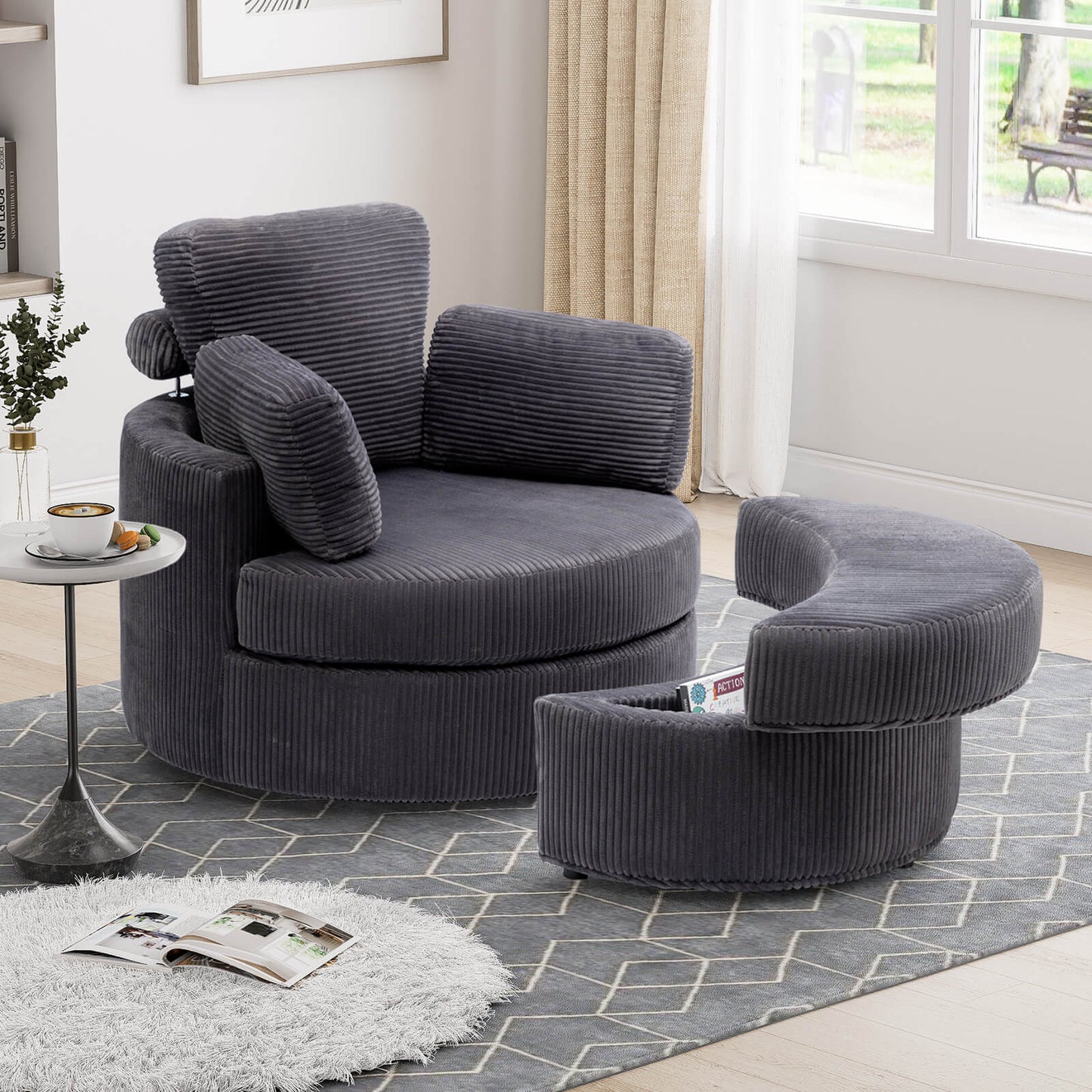 Swivel Accent Barrel Chair with Half Moon Storage Ottoman