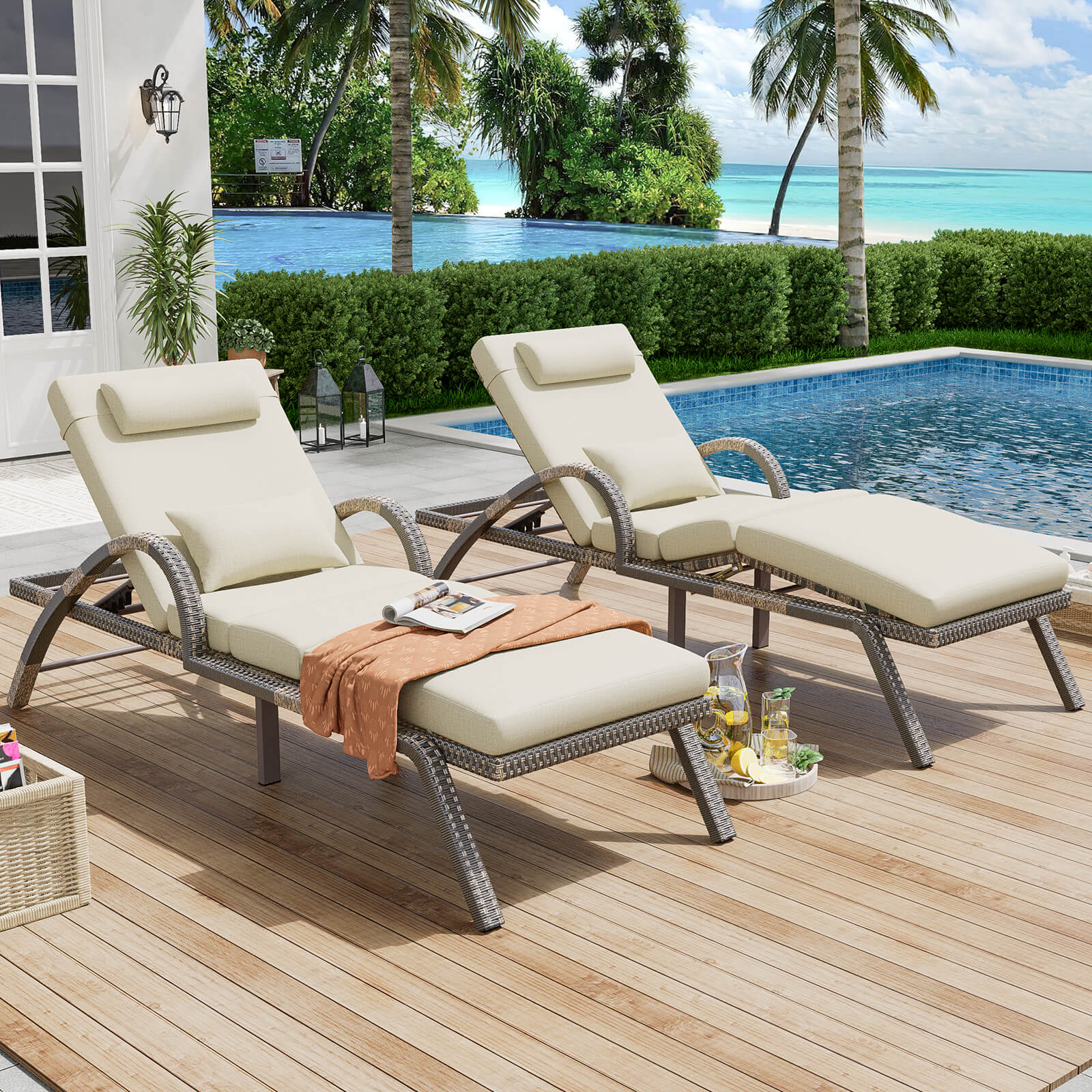 Outdoor Chaise Lounge Chairs, PE Rattan Wicker Pool Lounge Chairs
