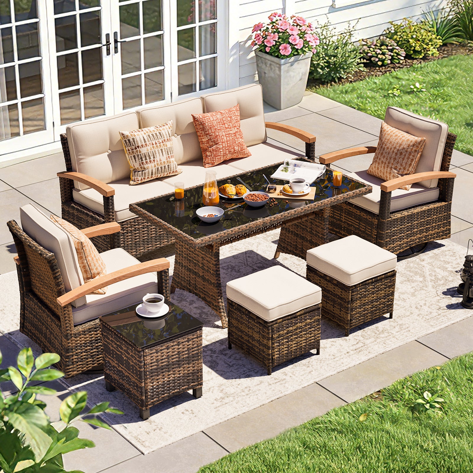 7 Pieces Patio Furniture Sets, Outdoor Rattan Furniture Conversation S – Meissalivve