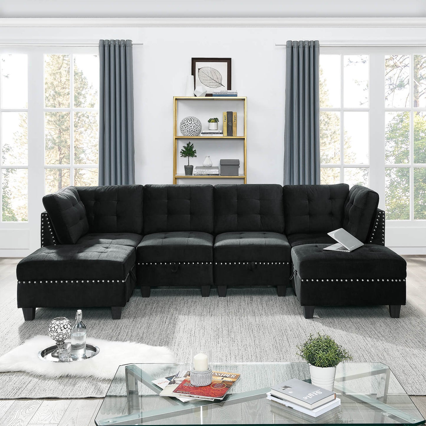 Ottoman for Modular Sectional,Black Velvet (25.5"x31.5"x19") - Meissalivve