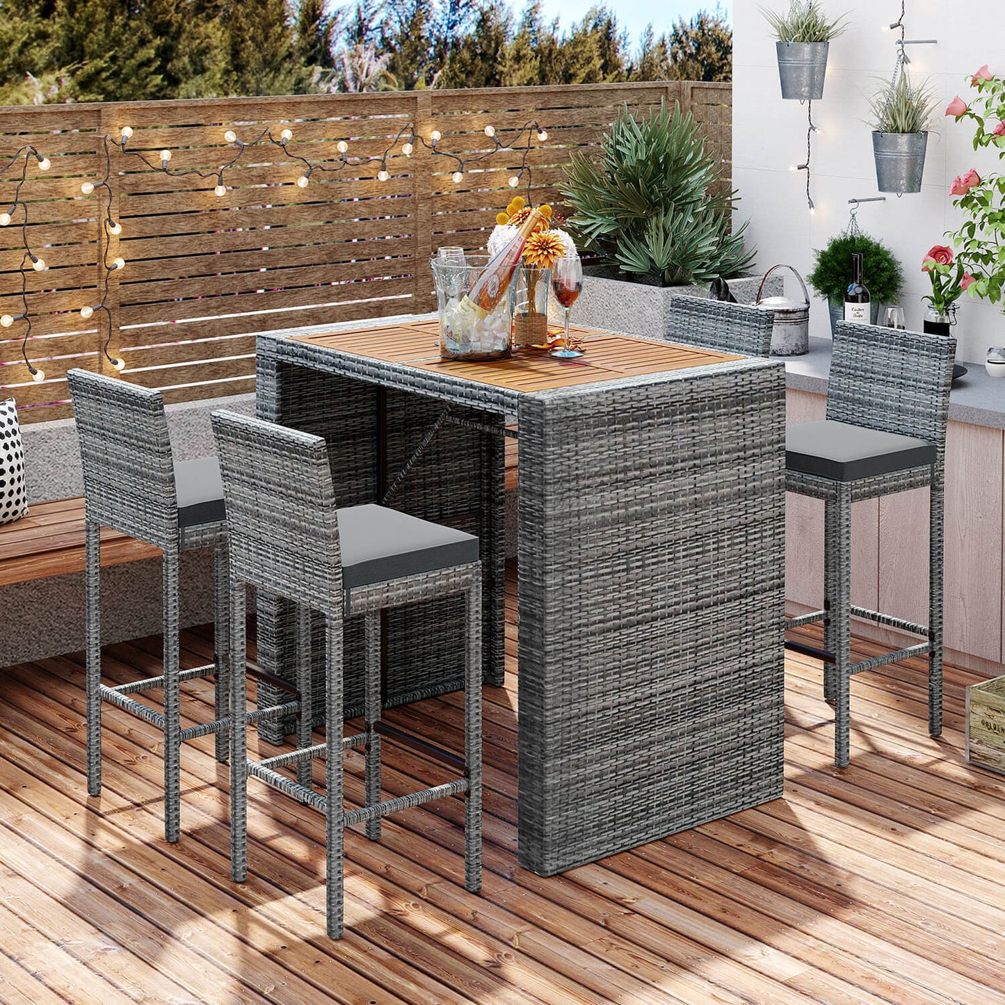 5-piece Outdoor Patio Wicker Bar Set, 4 Bar Height Chairs With 1 Acacia Wood Table - Meissalivve