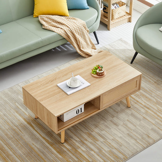 Rattan Coffee table for Living Room, Sliding Door for Storage - Meissalivve