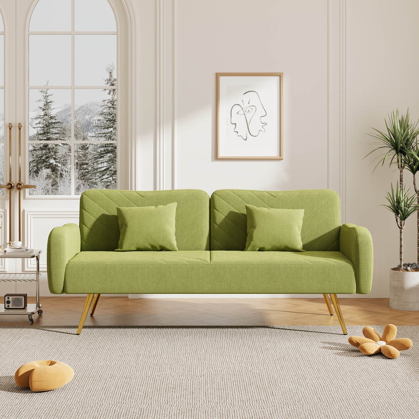 70.47" Pink Fabric Double Sofa with Split Backrest and Two Throw Pillows - Meissalivve
