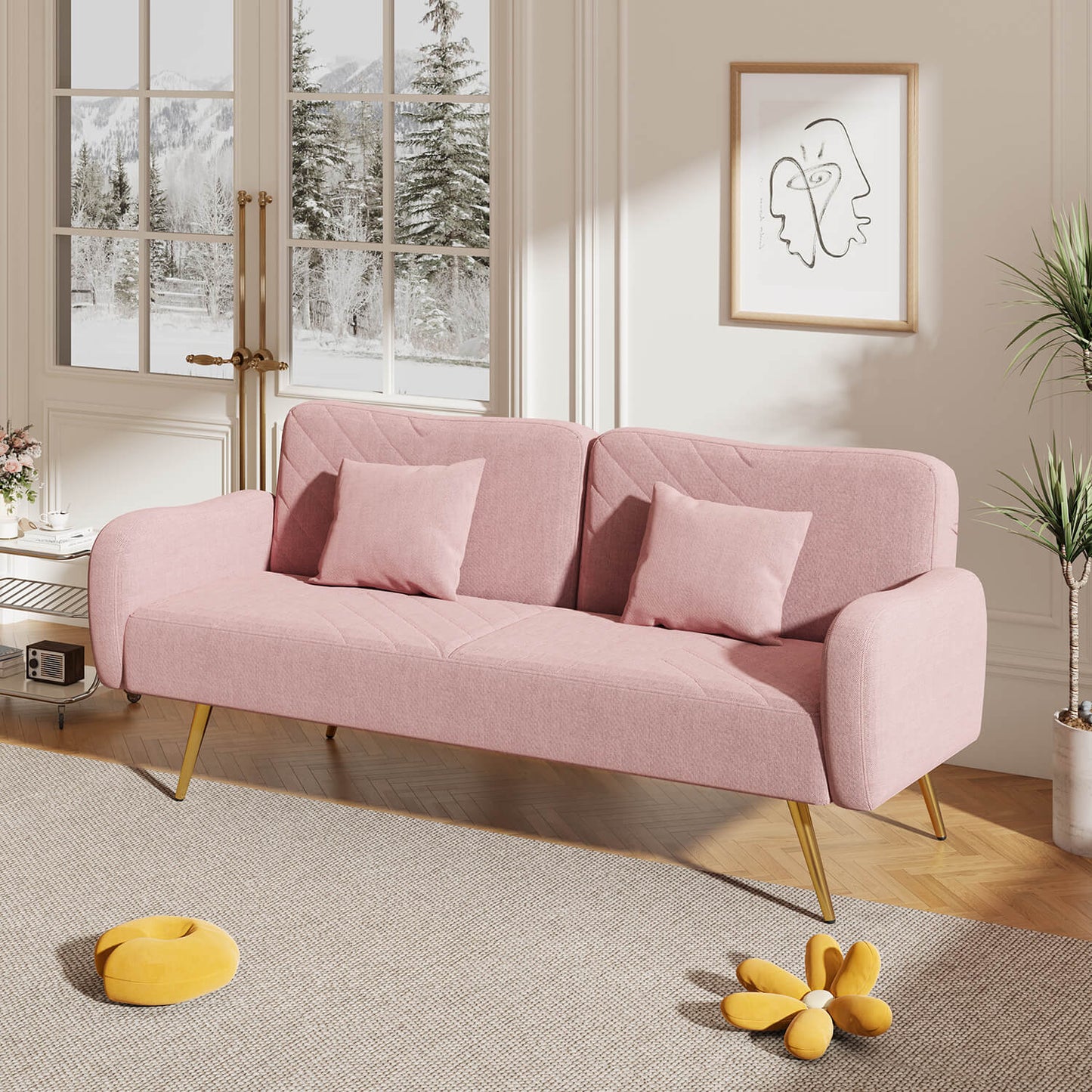 70.47" Pink Fabric Double Sofa with Split Backrest and Two Throw Pillows - Meissalivve
