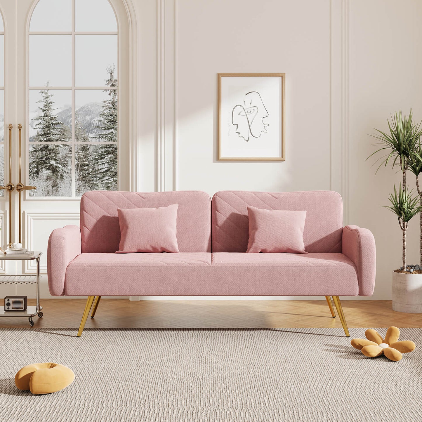 70.47" Pink Fabric Double Sofa with Split Backrest and Two Throw Pillows - Meissalivve