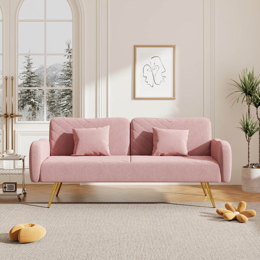 70.47" Pink Fabric Double Sofa with Split Backrest and Two Throw Pillows - Meissalivve