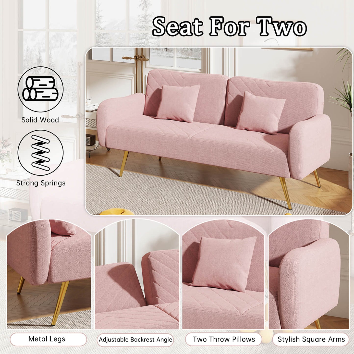 70.47" Pink Fabric Double Sofa with Split Backrest and Two Throw Pillows - Meissalivve