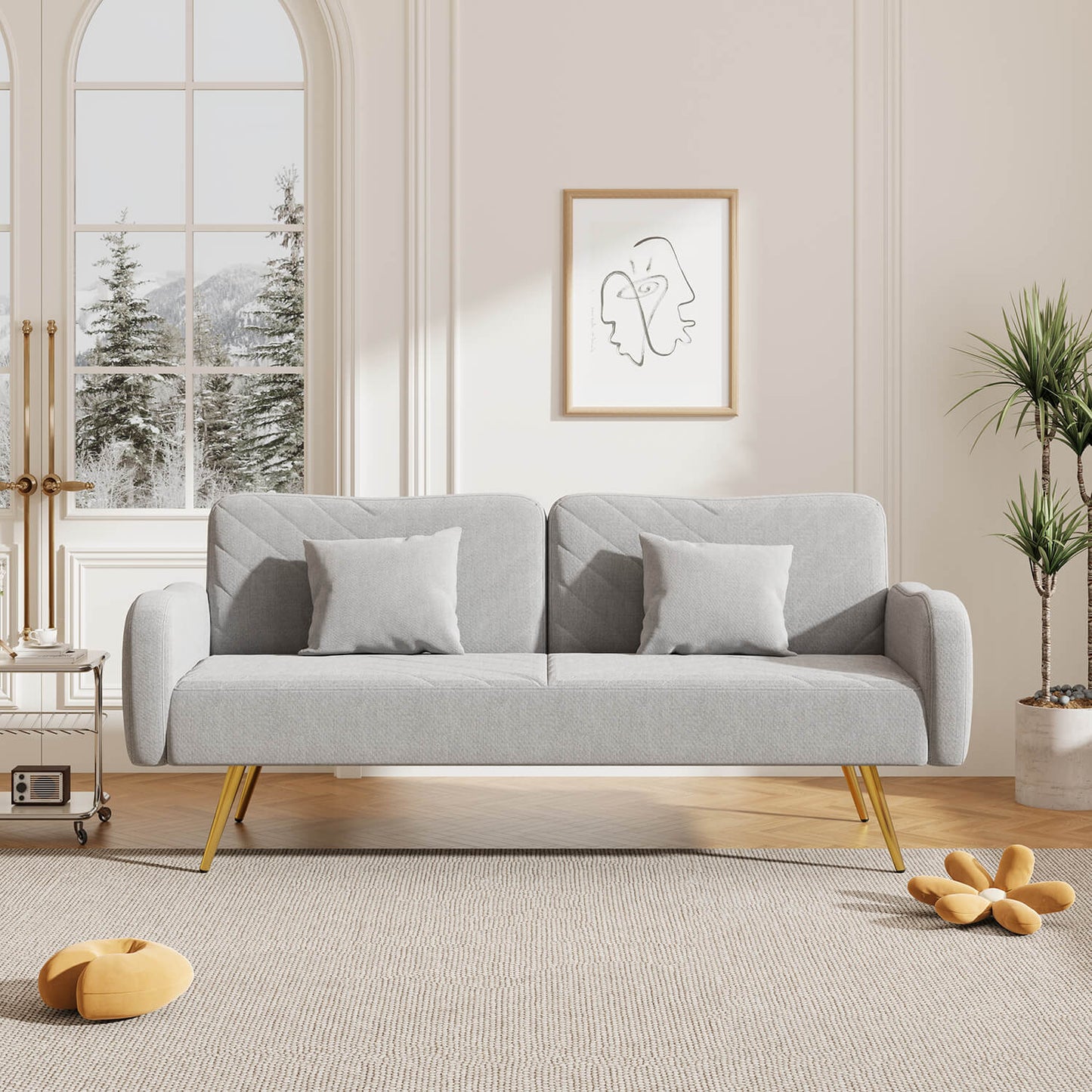 70.47" Pink Fabric Double Sofa with Split Backrest and Two Throw Pillows - Meissalivve