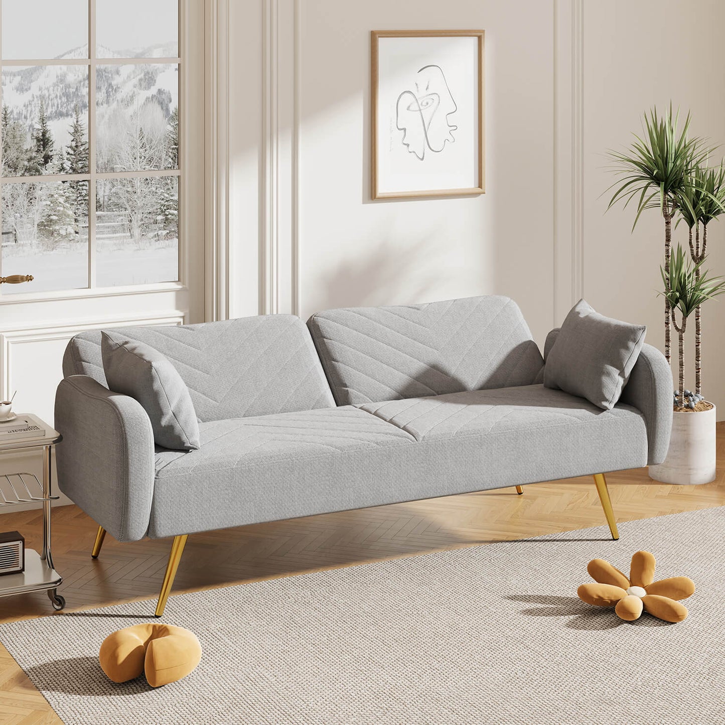 70.47" Pink Fabric Double Sofa with Split Backrest and Two Throw Pillows - Meissalivve