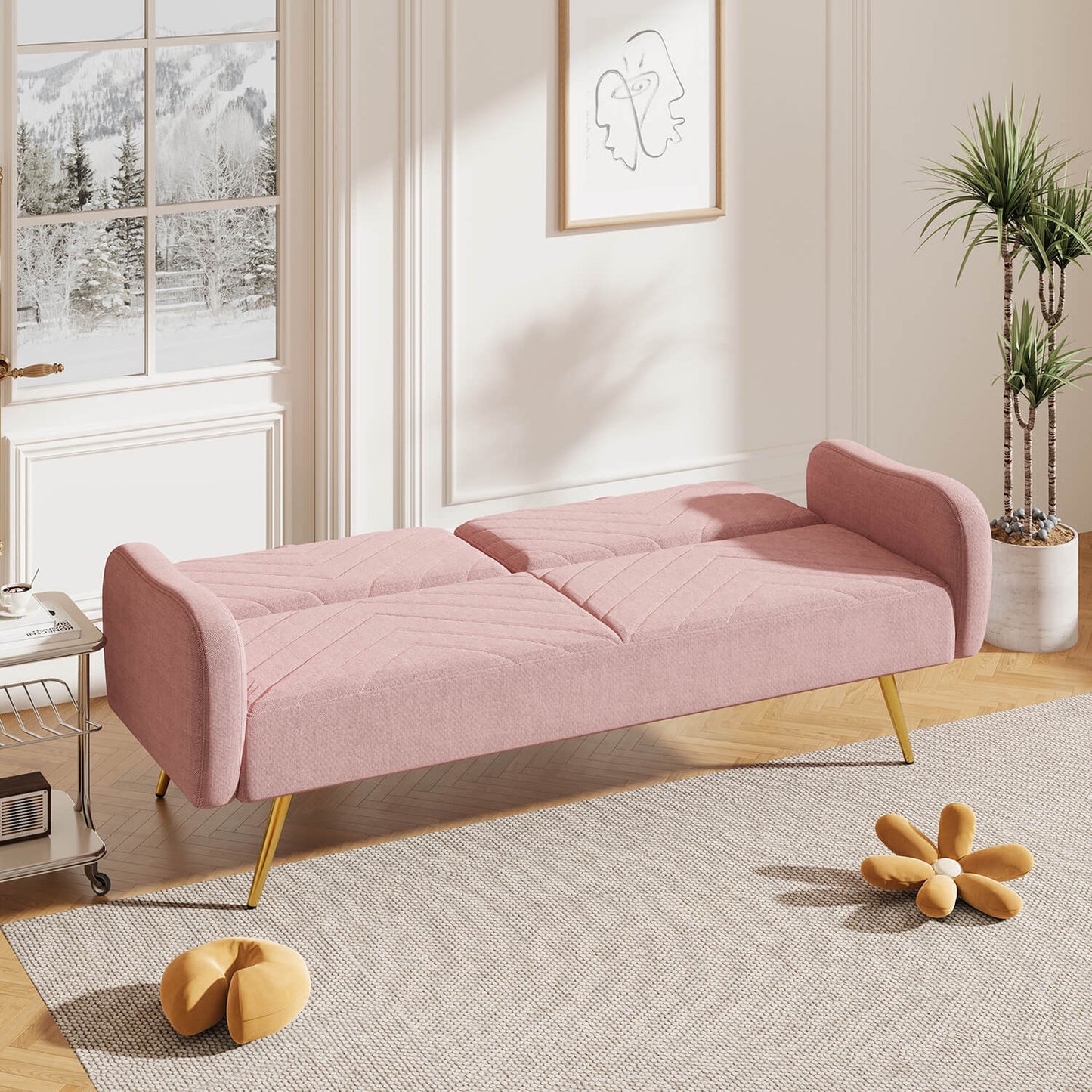 70.47" Pink Fabric Double Sofa with Split Backrest and Two Throw Pillows - Meissalivve