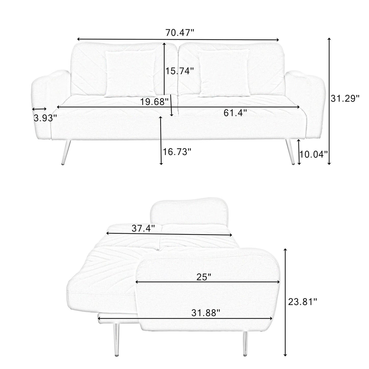 70.47" Pink Fabric Double Sofa with Split Backrest and Two Throw Pillows - Meissalivve