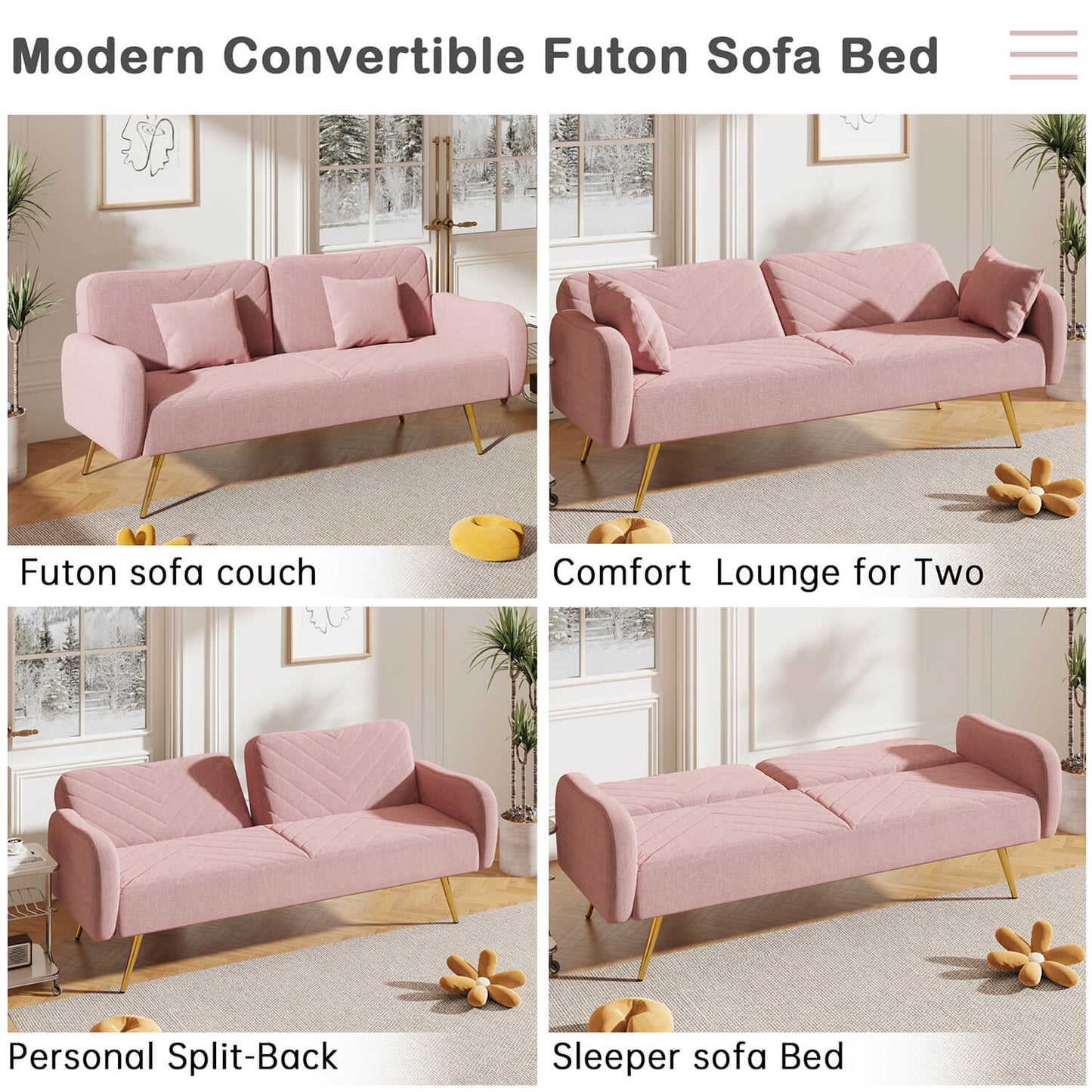 70.47" Pink Fabric Double Sofa with Split Backrest and Two Throw Pillows - Meissalivve