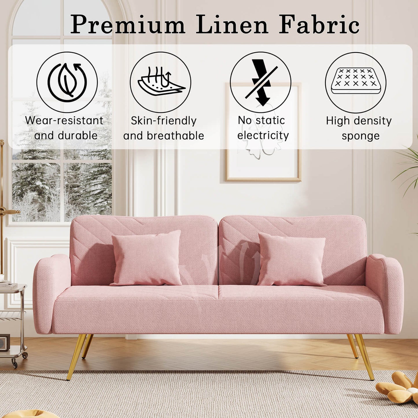 70.47" Pink Fabric Double Sofa with Split Backrest and Two Throw Pillows - Meissalivve