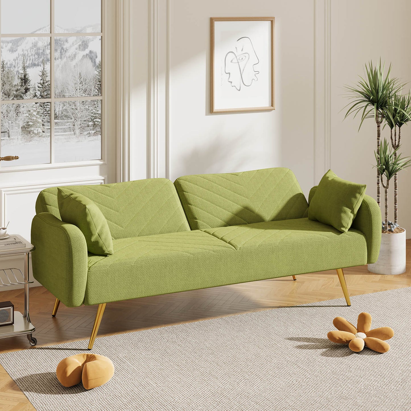 70.47" Pink Fabric Double Sofa with Split Backrest and Two Throw Pillows - Meissalivve