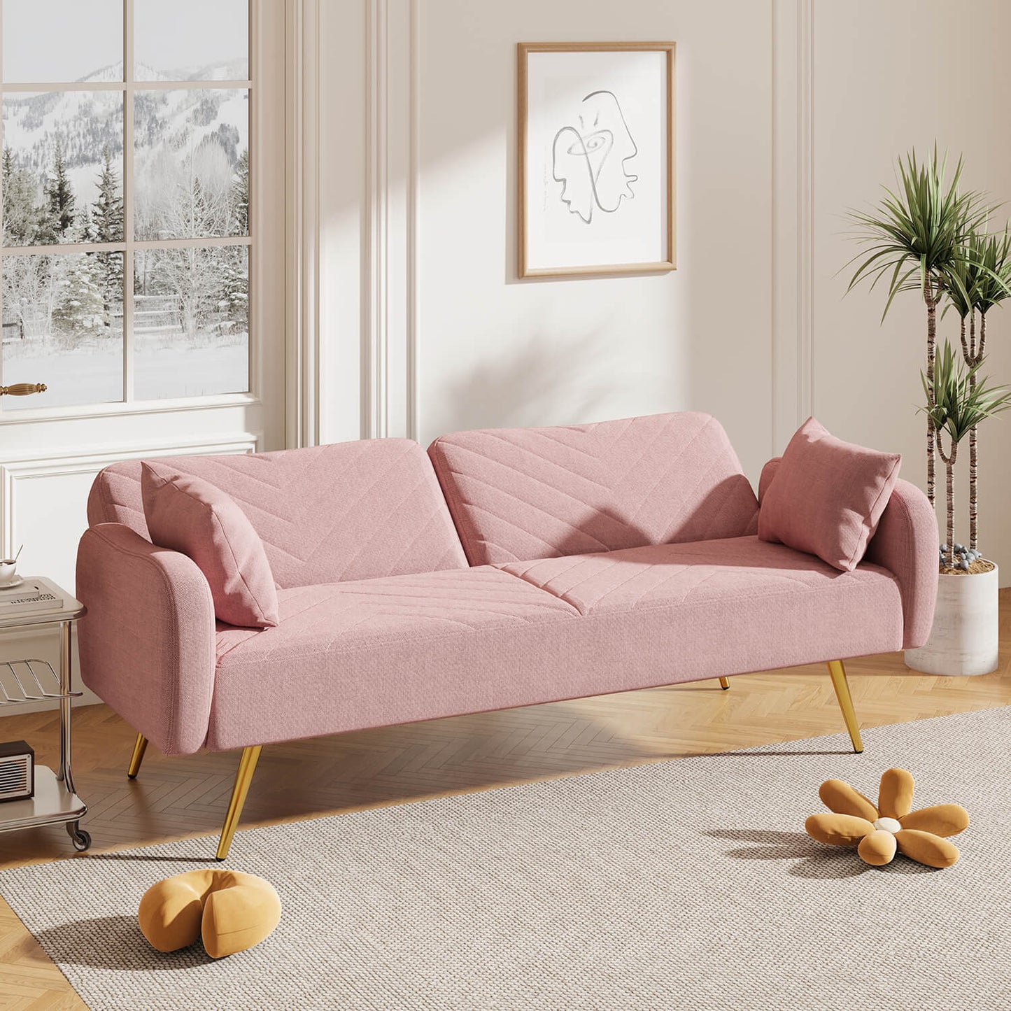 70.47" Pink Fabric Double Sofa with Split Backrest and Two Throw Pillows - Meissalivve
