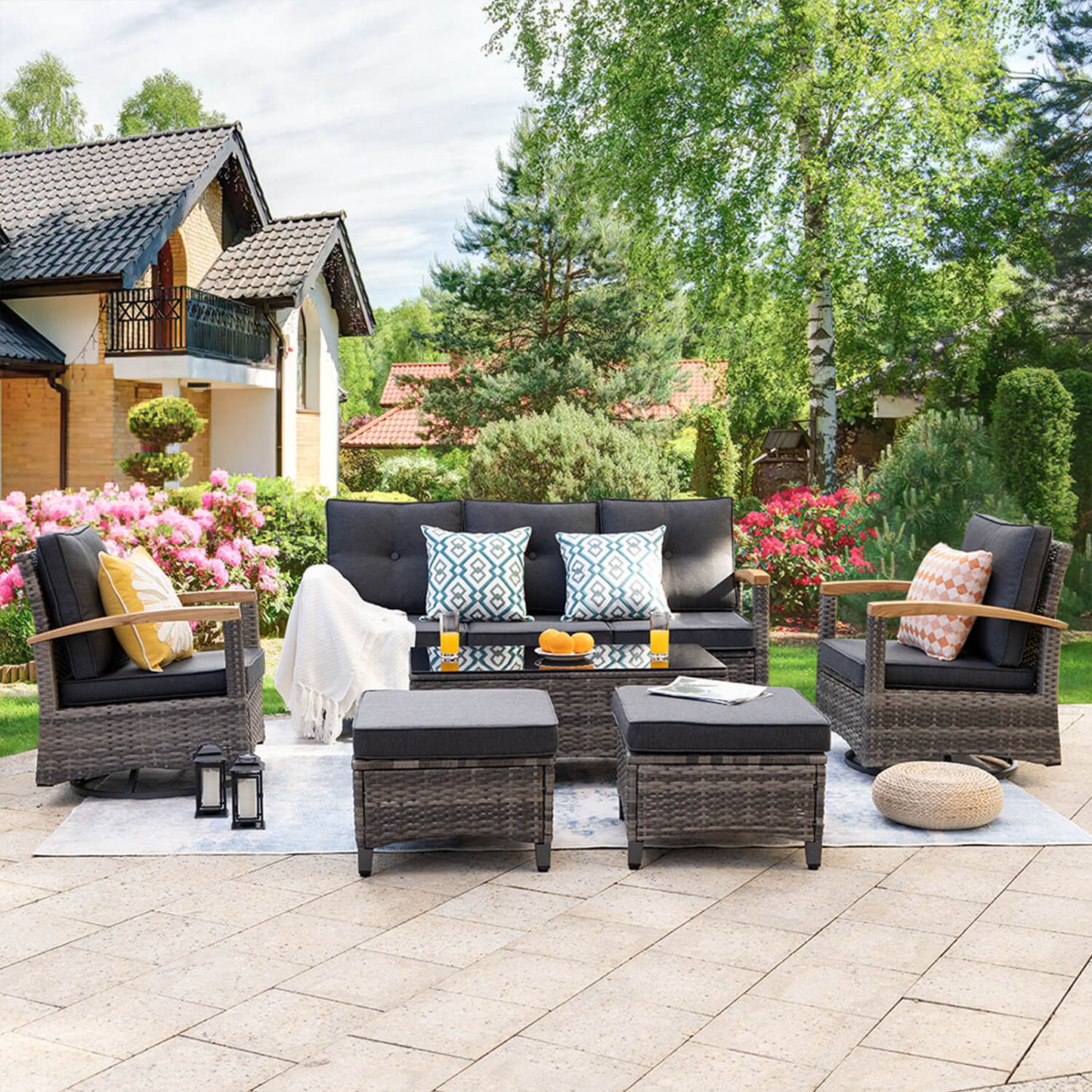 6 Pieces Patio Furniture Sets, Outdoor Rattan Furniture Conversation Sets - Meissalivve