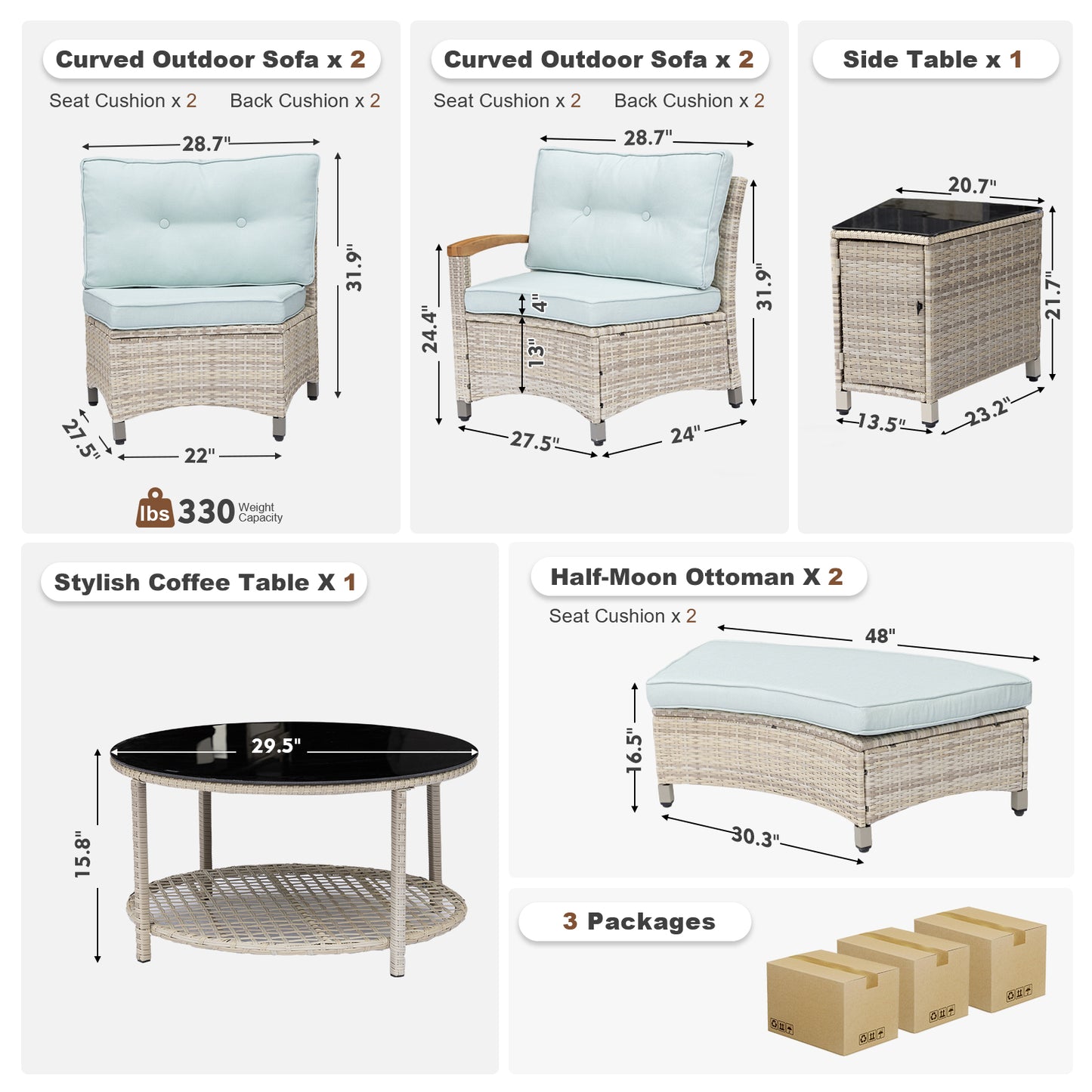 8 Piece Half-Moon Rattan Outdoor Patio Furniture Set with Ottoman (YK-6016-A5)