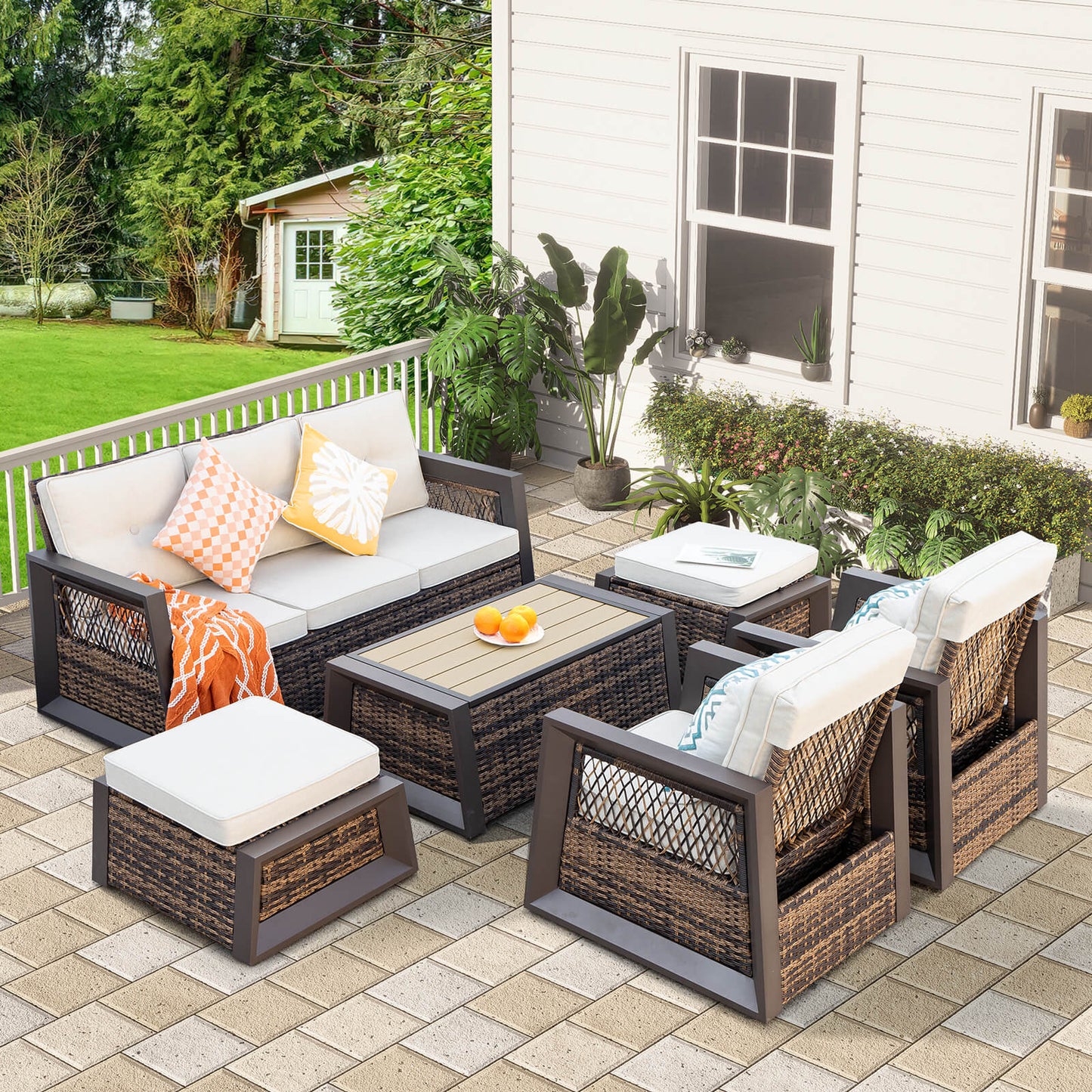 6 Pcs Aluminum Patio Furniture, Wicker Recliner Chairs with Ottomans (YK-6002)