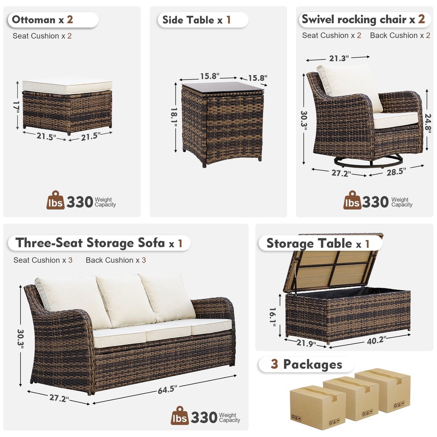 7/8 Piece Outdoor Rattan Patio Furniture Set, Swivel Rocker Chairs with Ottomans (YK-6003)