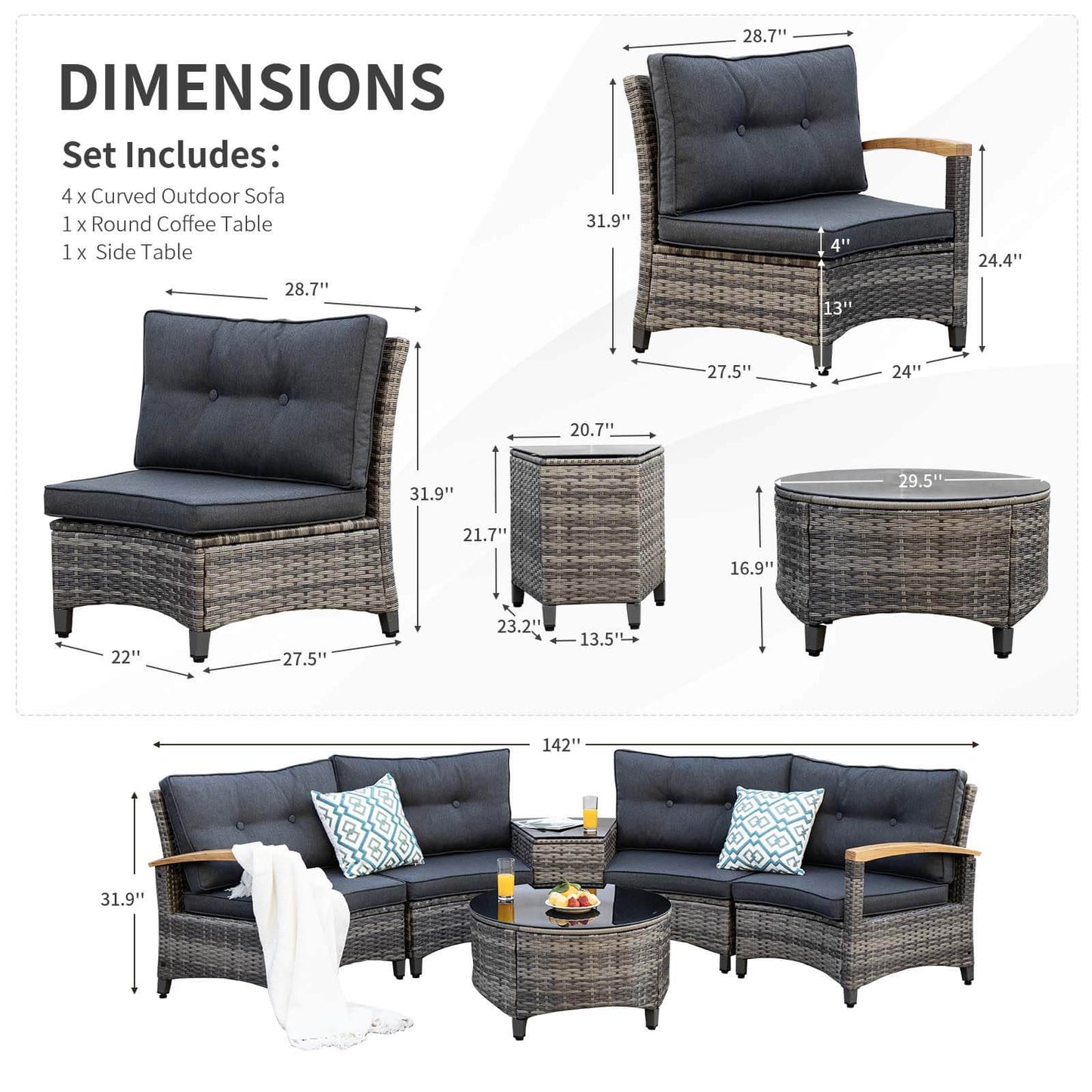 9 Piece Half-Moon Rattan Outdoor Patio Furniture Set (YK-6008)