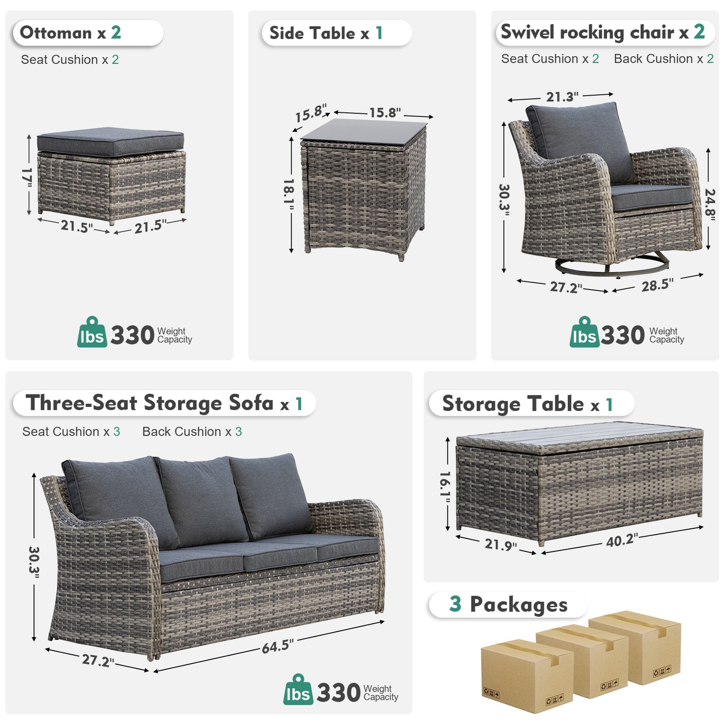 7/8 Piece Outdoor Rattan Patio Furniture Set, Swivel Rocker Chairs with Ottomans (YK-6003)