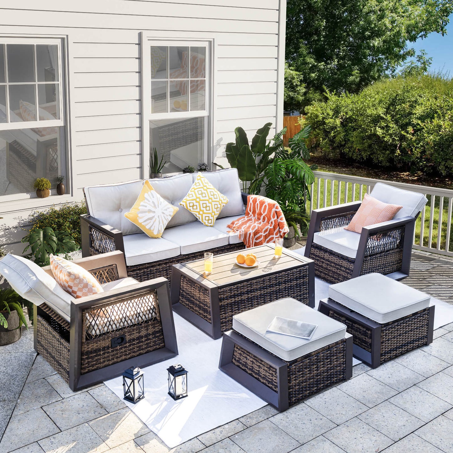 6 Pcs Aluminum Patio Furniture, Wicker Recliner Chairs with Ottomans (YK-6002)