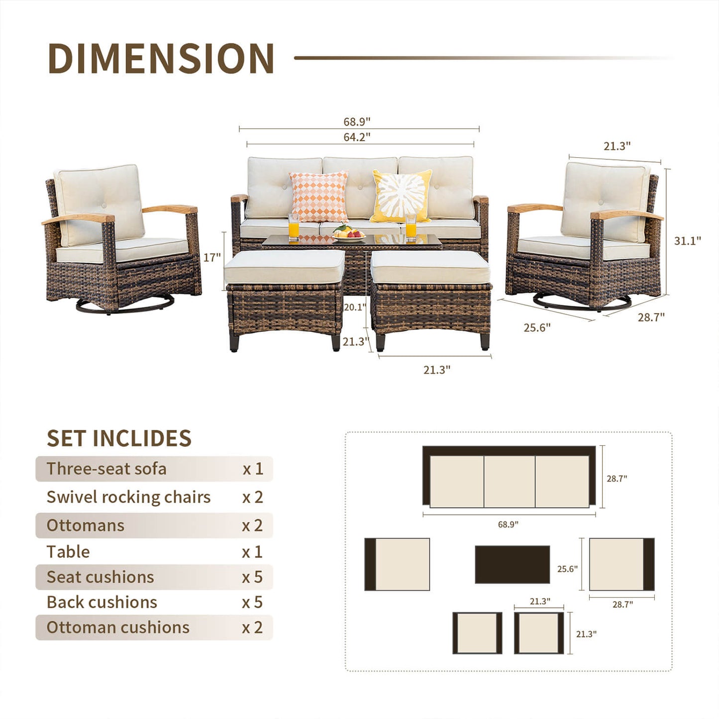 6 Pieces Patio Furniture Sets, Outdoor Rattan Furniture Conversation Sets - Meissalivve