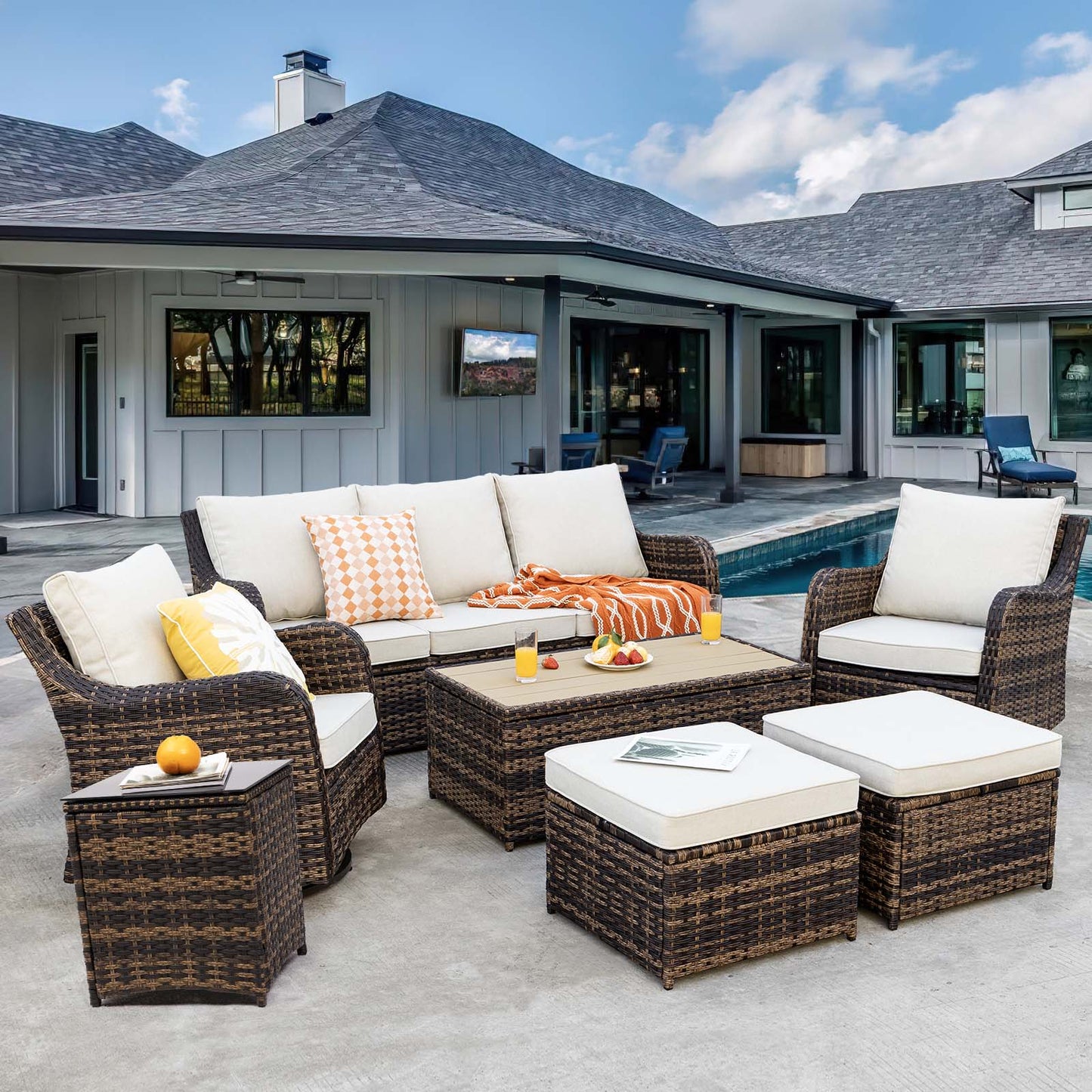 7/8 Piece Outdoor Rattan Patio Furniture Set, Swivel Rocker Chairs with Ottomans (YK-6003)