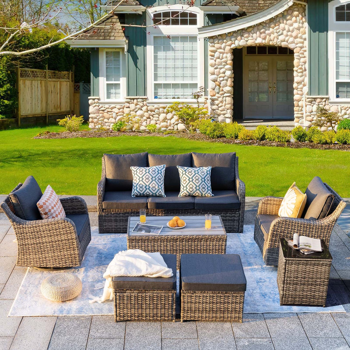 7/8 Piece Outdoor Rattan Patio Furniture Set, Swivel Rocker Chairs with Ottomans (YK-6003)