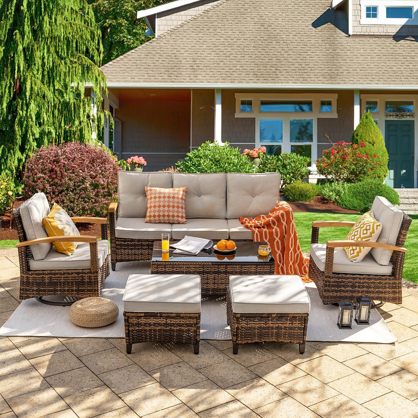 6 Pieces Patio Furniture Sets, Outdoor Rattan Furniture Conversation Sets - Meissalivve