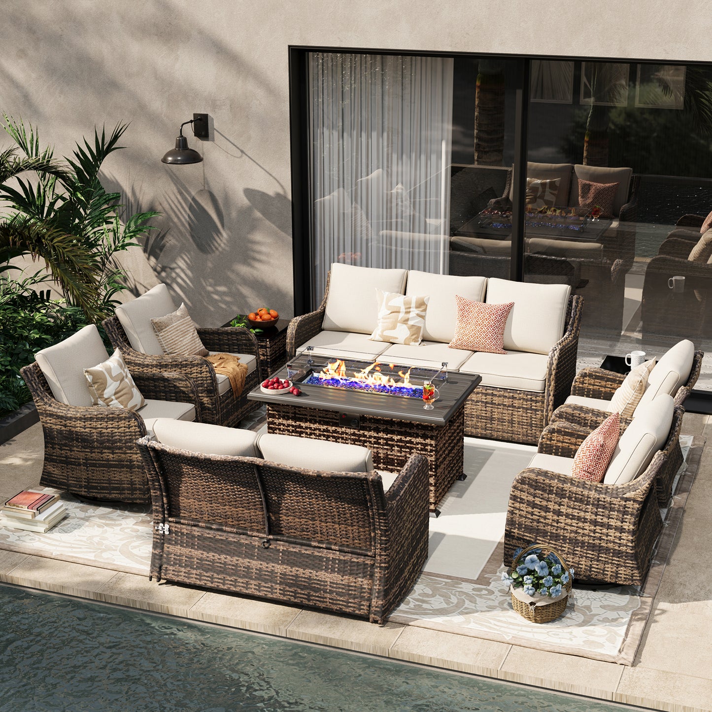 9 Pieces Patio Furniture Set With Fire Pit Table, Wicker Outdoor Conversation Sets(YK-6505)
