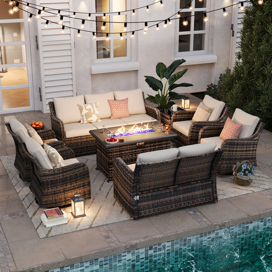 9 Pieces Patio Furniture Set With Fire Pit Table, Wicker Outdoor Conversation Sets(YK-6505)