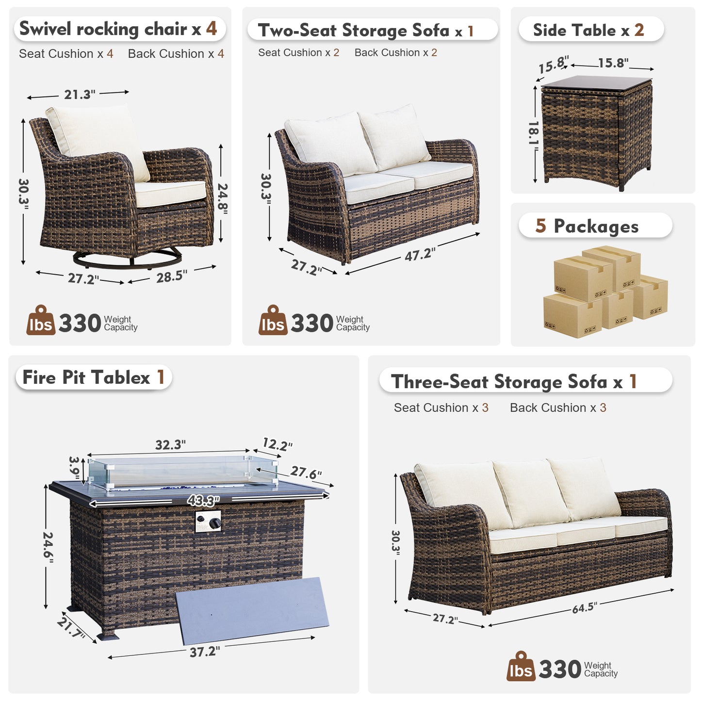 9 Pieces Patio Furniture Set With Fire Pit Table, Wicker Outdoor Conversation Sets(YK-6505)