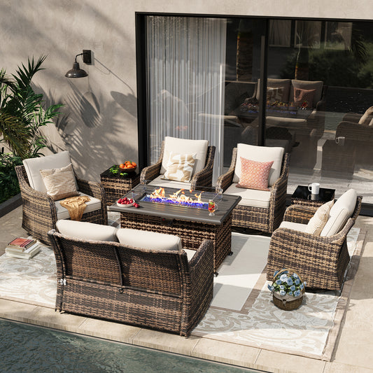 8 Pieces Patio Furniture Set With Fire Pit Table, Wicker Outdoor Conversation Sets(YK-6504)