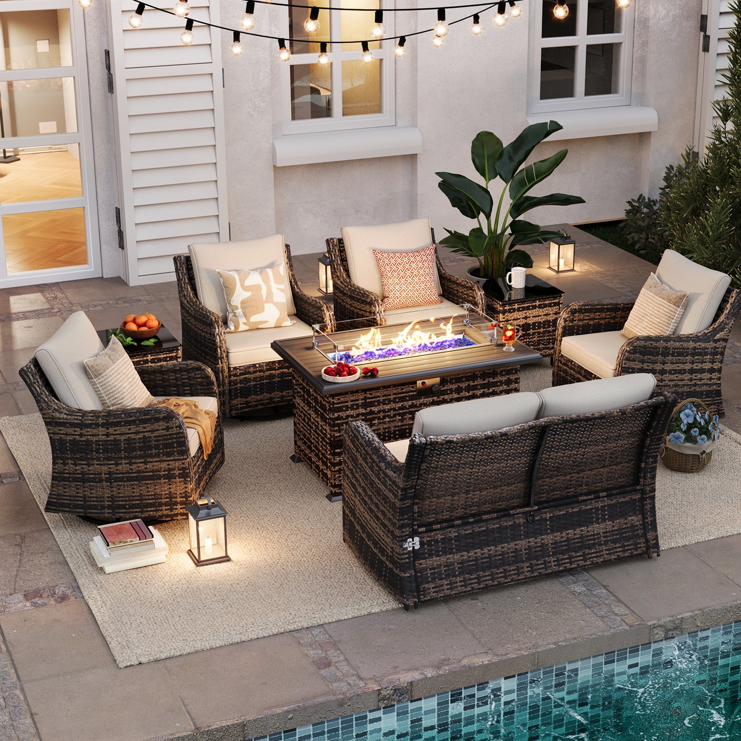 8 Pieces Patio Furniture Set With Fire Pit Table, Wicker Outdoor Conversation Sets(YK-6504)