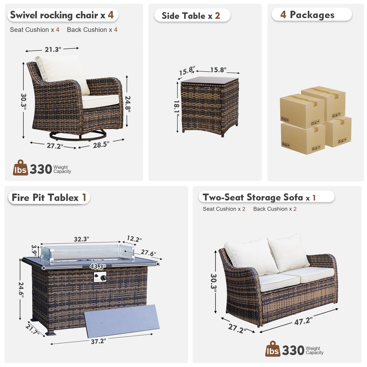8 Pieces Patio Furniture Set With Fire Pit Table, Wicker Outdoor Conversation Sets(YK-6504)