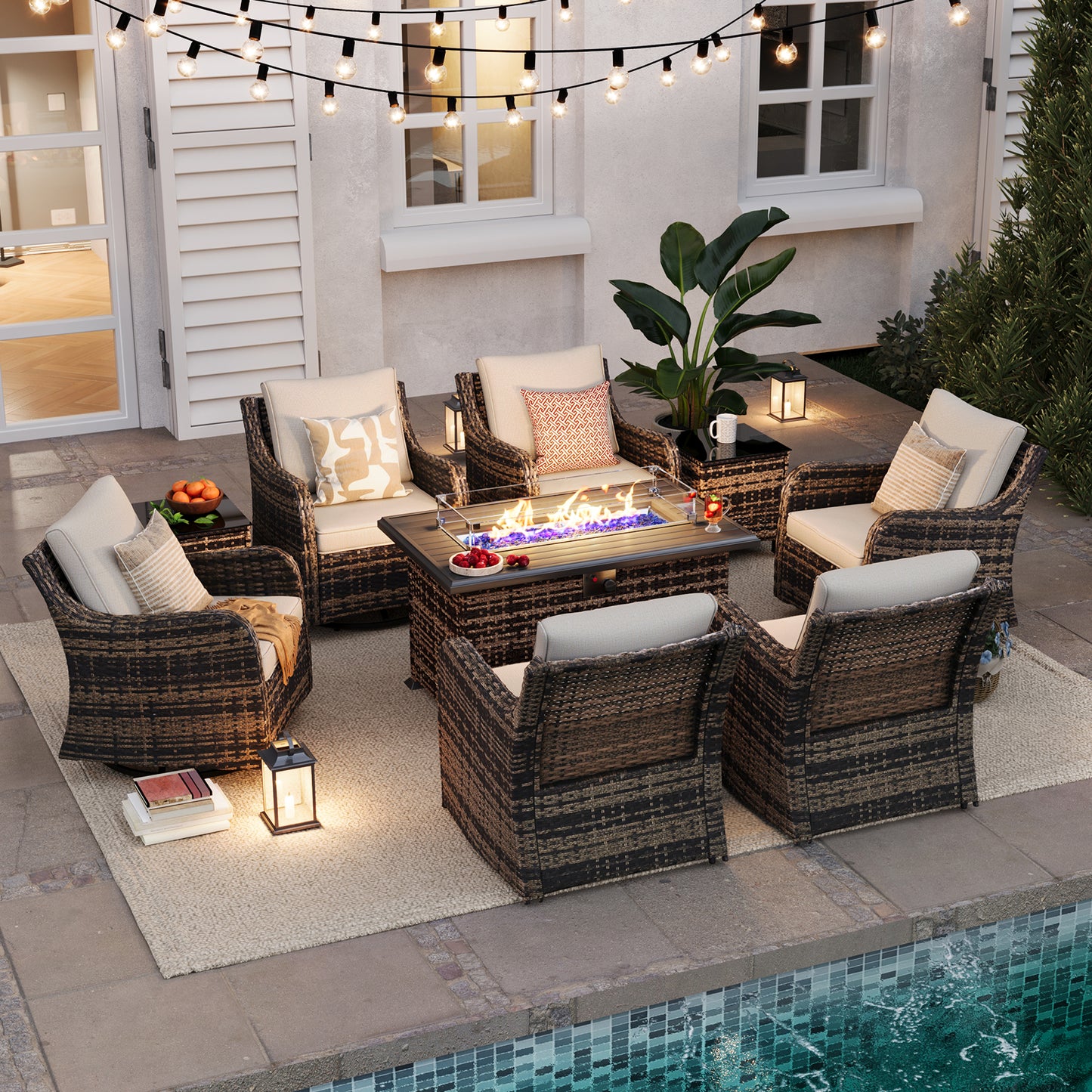 9 Pieces Patio Furniture Set With Fire Pit Table, Wicker Outdoor Conversation Sets(YK-6506)