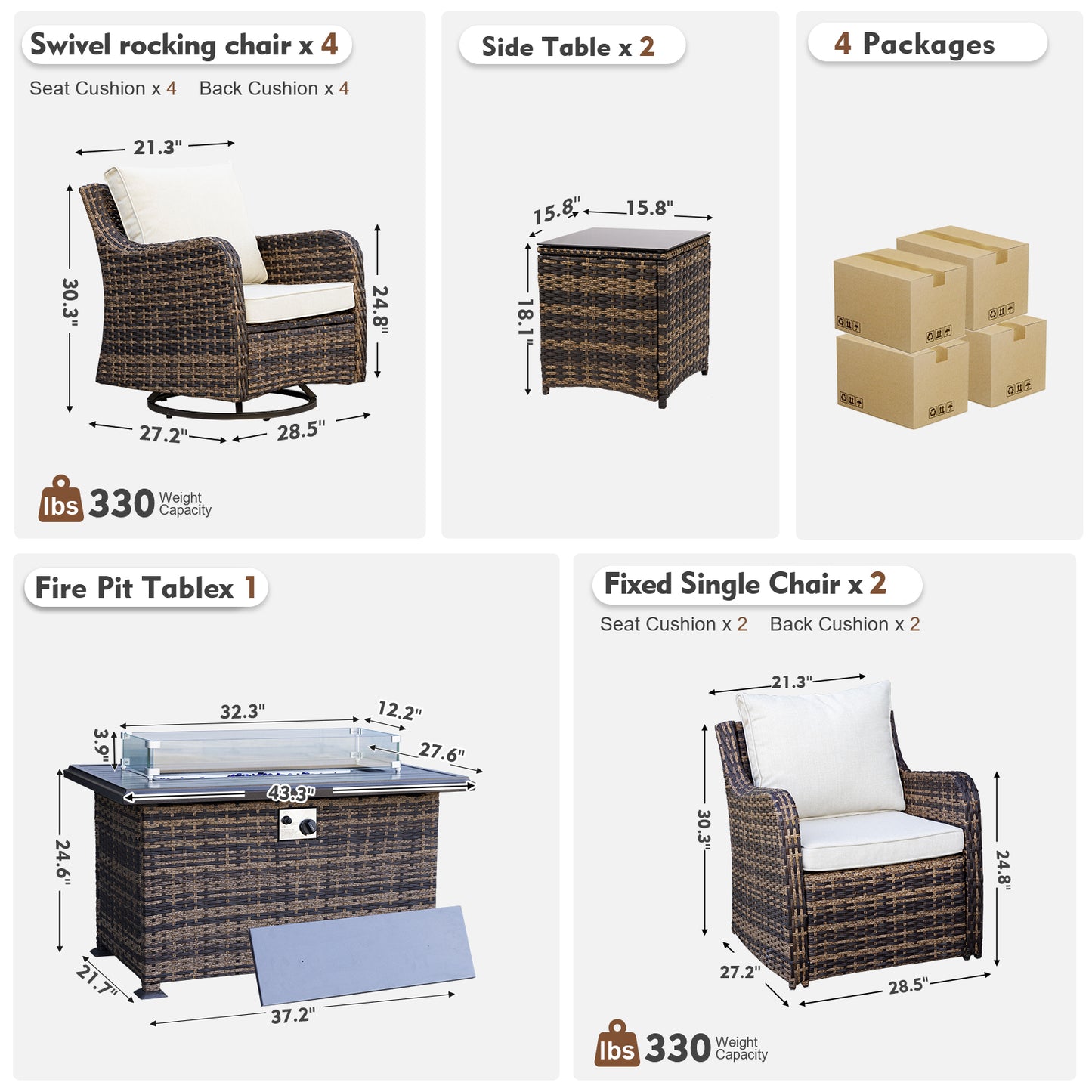 9 Pieces Patio Furniture Set With Fire Pit Table, Wicker Outdoor Conversation Sets(YK-6506)