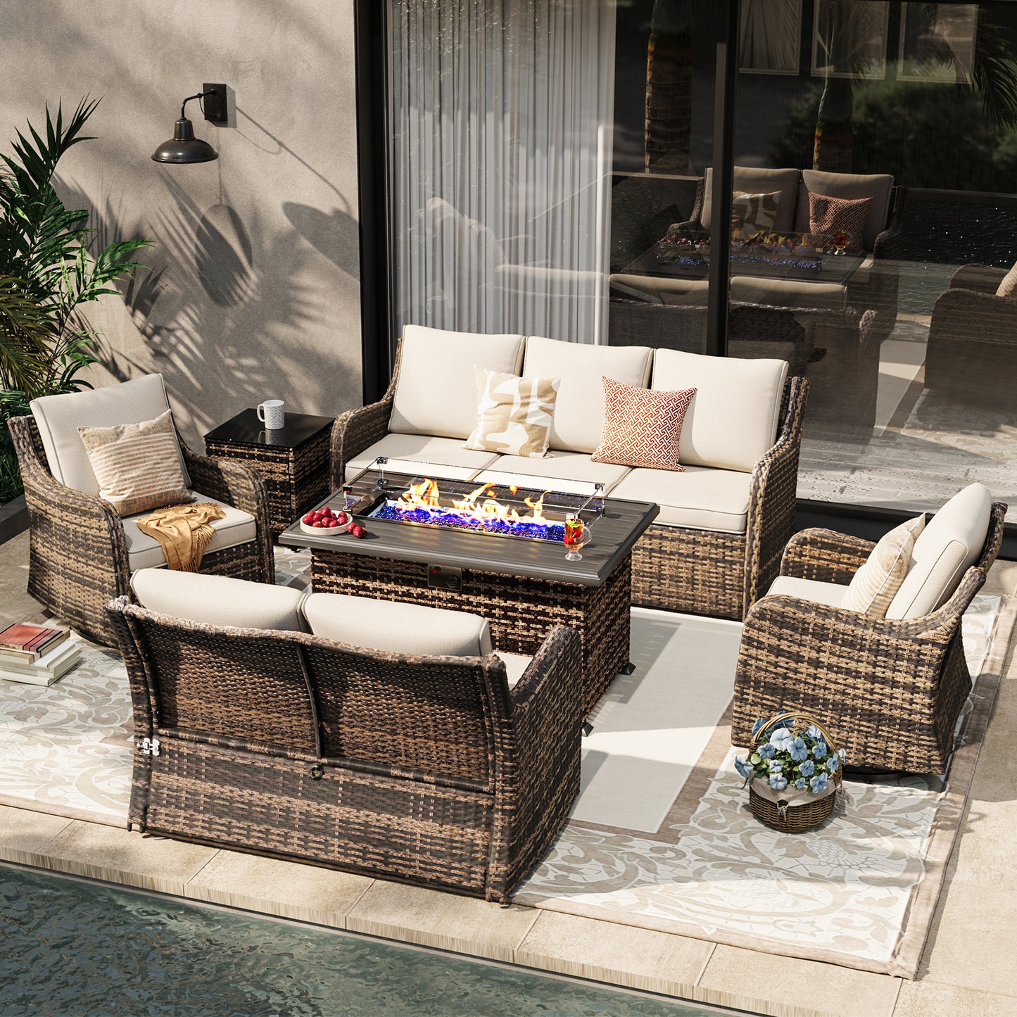 6 Pieces Patio Furniture Set With Fire Pit Table, Wicker Outdoor Conversation Sets(YK-6502)