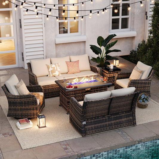 6 Pieces Patio Furniture Set With Fire Pit Table, Wicker Outdoor Conversation Sets(YK-6502)