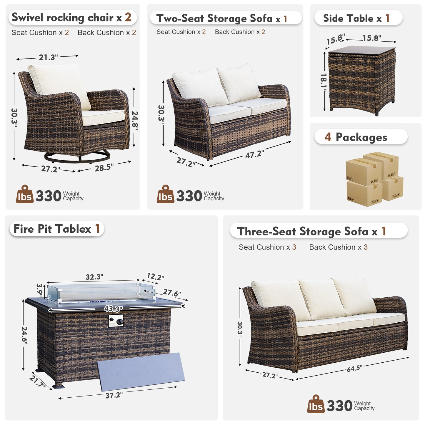 6 Pieces Patio Furniture Set With Fire Pit Table, Wicker Outdoor Conversation Sets(YK-6502)