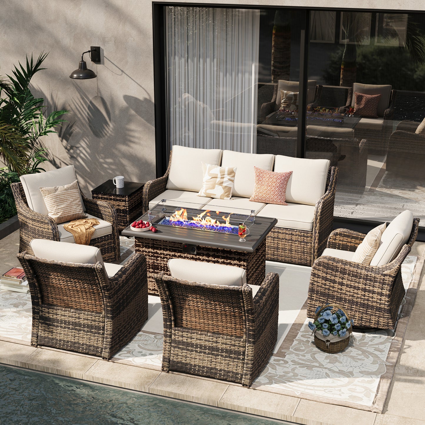 7 Pieces Patio Furniture Set With Fire Pit Table, Wicker Outdoor Conversation Sets(YK-6503)