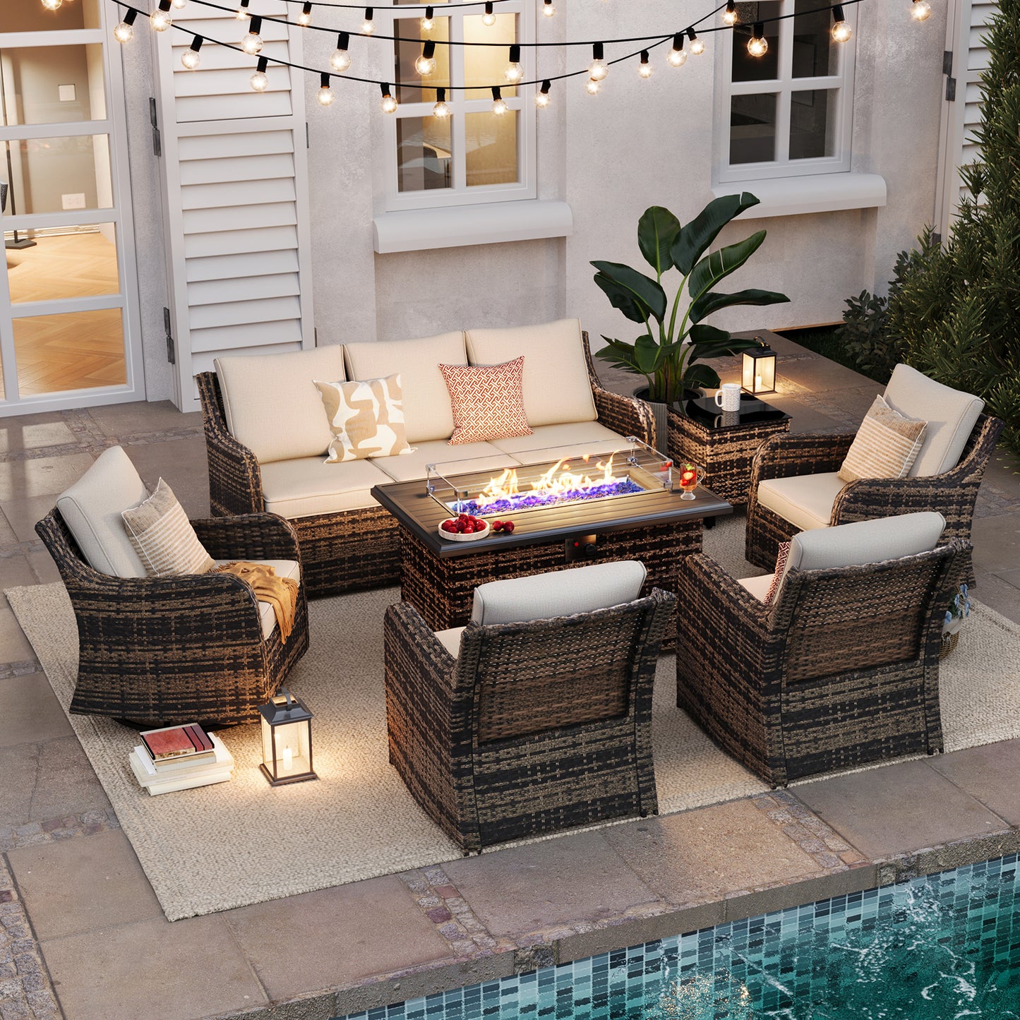 7 Pieces Patio Furniture Set With Fire Pit Table, Wicker Outdoor Conversation Sets(YK-6503)