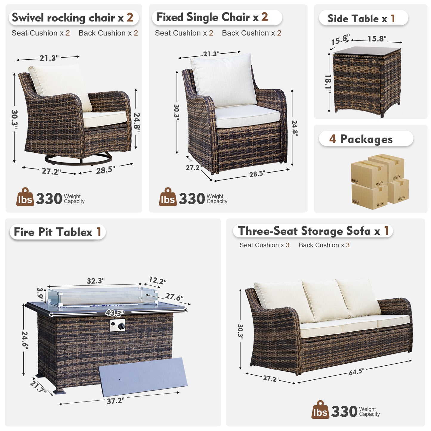 7 Pieces Patio Furniture Set With Fire Pit Table, Wicker Outdoor Conversation Sets(YK-6503)