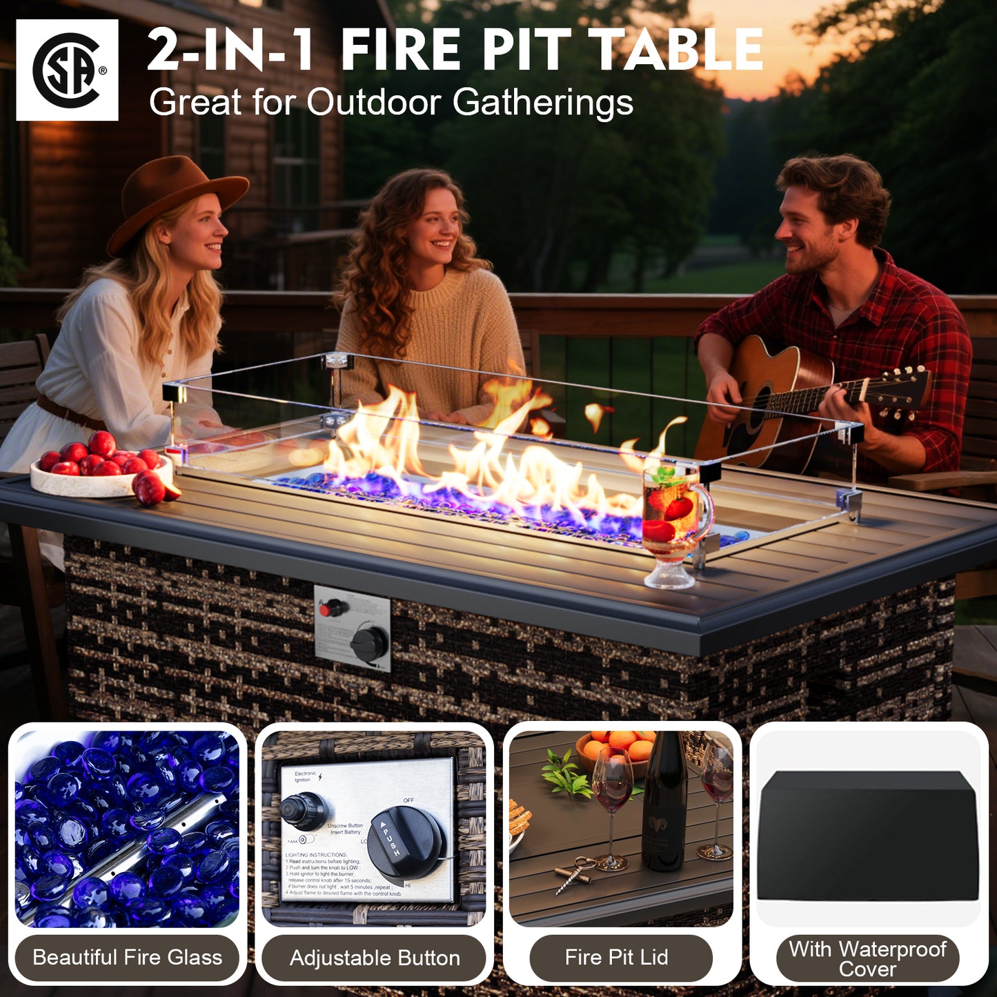 9 Pieces Patio Furniture Set With Fire Pit Table, Wicker Outdoor Conversation Sets(YK-6506)