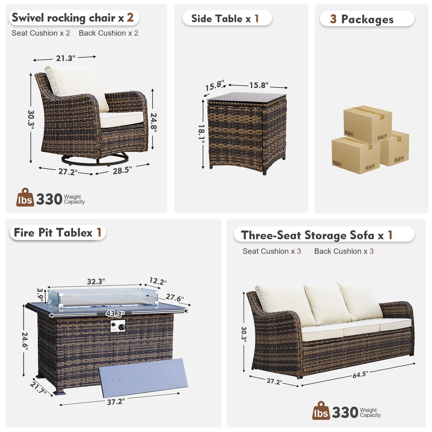 5 Pieces Patio Furniture Set With Fire Pit Table, Wicker Outdoor Conversation Sets(YK-6501)