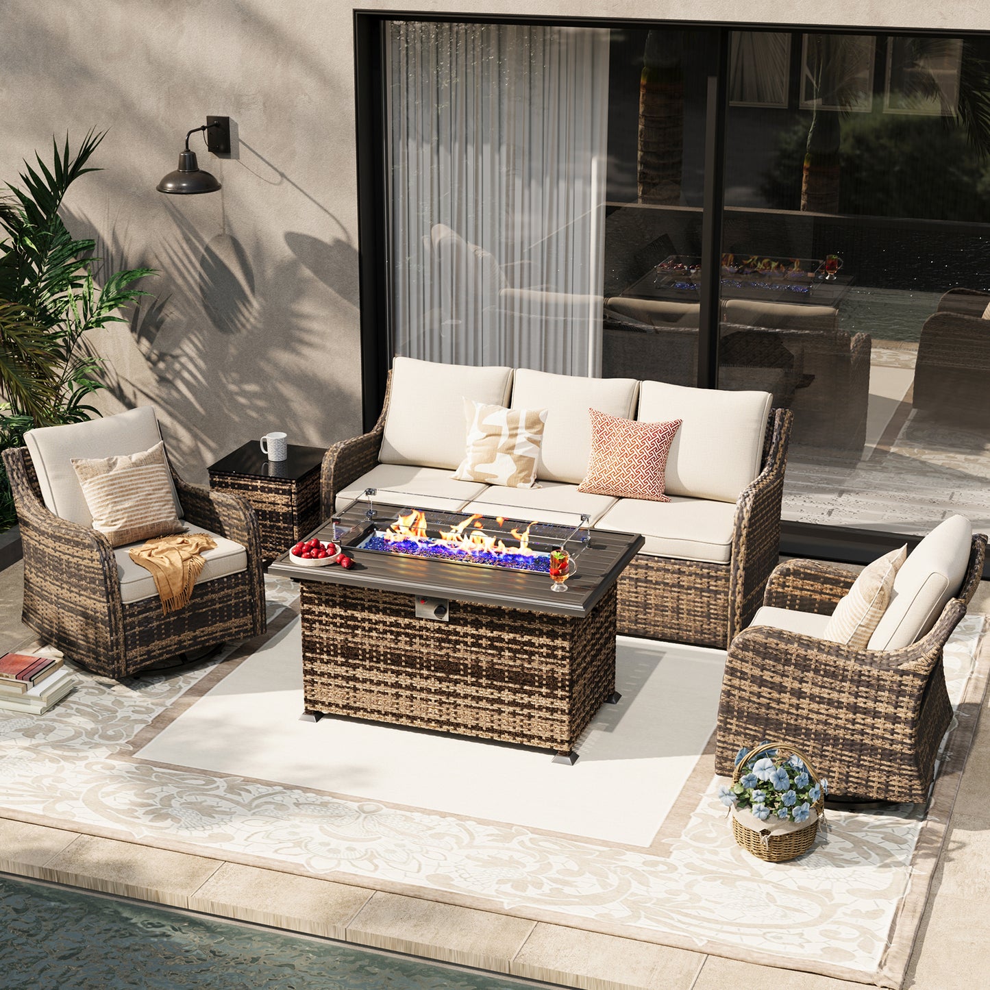 5 Pieces Patio Furniture Set With Fire Pit Table, Wicker Outdoor Conversation Sets(YK-6501)