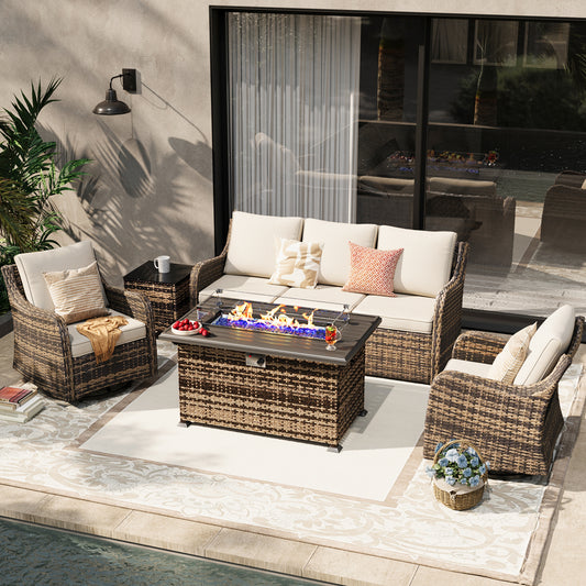 5 Pieces Patio Furniture Set With Fire Pit Table, Wicker Outdoor Conversation Sets(YK-6501)
